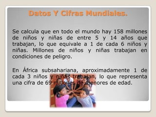 Datos Y Cifras Mundiales.
Se calcula que en todo el mundo hay 158 millones
de niños y niñas de entre 5 y 14 años que
trabajan, lo que equivale a 1 de cada 6 niños y
niñas. Millones de niños y niñas trabajan en
condiciones de peligro.
En África subsahariana, aproximadamente 1 de
cada 3 niños y niñas trabajan, lo que representa
una cifra de 69 millones de menores de edad.
 