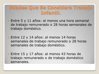 Edades Que Se Considera Trabajo
Infantil.
 Entre 5 y 11 años: al menos una hora semanal
de trabajo remunerado o 28 horas semanales de
trabajo doméstico.
 Entre 12 y 14 años: al menos 14 horas
semanales de trabajo remunerado o 28 horas
semanales de trabajo doméstico.
 Entre 15 y 17 años: al menos 43 horas de
trabajo remunerado o de trabajo doméstico
semanales.
 