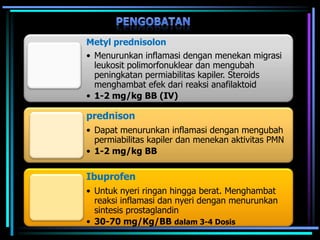 Metyl prednisolon
• Menurunkan inflamasi dengan menekan migrasi
leukosit polimorfonuklear dan mengubah
peningkatan permiabilitas kapiler. Steroids
menghambat efek dari reaksi anafilaktoid
• 1-2 mg/kg BB (IV)
prednison
• Dapat menurunkan inflamasi dengan mengubah
permiabilitas kapiler dan menekan aktivitas PMN
• 1-2 mg/kg BB
Ibuprofen
• Untuk nyeri ringan hingga berat. Menghambat
reaksi inflamasi dan nyeri dengan menurunkan
sintesis prostaglandin
• 30-70 mg/Kg/BB dalam 3-4 Dosis
 