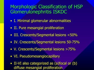 Morphologic Classification of HSP Glomerulonephritis ISKDC I. Minimal glomerular abnormalities II. Pure mesangial proliferation III. Crescents/Segmental lesions <50% IV. Crescents/Segmental lesions 50-75% V. Crescents/Segmental lesions >75% VI. Pseudomesangiocapillary II-VI also categorized as (a)focal or (b) diffuse mesangial proliferation 
