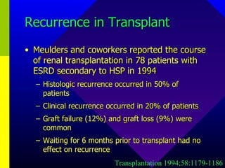 Recurrence in Transplant Meulders and coworkers reported the course of renal transplantation in 78 patients with ESRD secondary to HSP in 1994 Histologic recurrence occurred in 50% of patients Clinical recurrence occurred in 20% of patients Graft failure (12%) and graft loss (9%) were common Waiting for 6 months prior to transplant had no effect on recurrence Transplantation 1994;58:1179-1186 