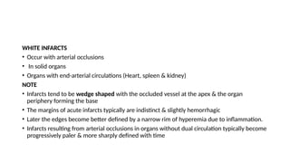 WHITE INFARCTS
• Occur with arterial occlusions
• In solid organs
• Organs with end-arterial circulations (Heart, spleen & kidney)
NOTE
• Infarcts tend to be wedge shaped with the occluded vessel at the apex & the organ
periphery forming the base
• The margins of acute infarcts typically are indistinct & slightly hemorrhagic
• Later the edges become better defined by a narrow rim of hyperemia due to inflammation.
• Infarcts resulting from arterial occlusions in organs without dual circulation typically become
progressively paler & more sharply defined with time
 