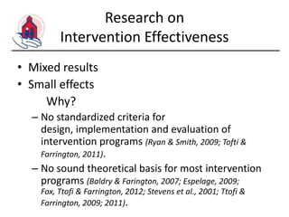 Research on
Intervention Effectiveness
• Mixed results
• Small effects
Why?
– No standardized criteria for
design, implementation and evaluation of
intervention programs (Ryan & Smith, 2009; Tofti &
Farrington, 2011).
– No sound theoretical basis for most intervention
programs (Baldry & Farington, 2007; Espelage, 2009;
Fox, Ttofi & Farrington, 2012; Stevens et al., 2001; Ttofi &
Farrington, 2009; 2011).

 