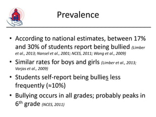 Prevalence
• According to national estimates, between 17%
and 30% of students report being bullied (Limber
et al., 2013; Nansel et al., 2001; NCES, 2011; Wang et al., 2009)

• Similar rates for boys and girls (Limber et al., 2013;
Varjas et al., 2009)

• Students self-report being bullies less
frequently (≈10%)
• Bullying occurs in all grades; probably peaks in
6th grade (NCES, 2011)

 
