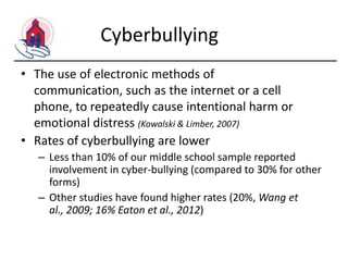Cyberbullying
• The use of electronic methods of
communication, such as the internet or a cell
phone, to repeatedly cause intentional harm or
emotional distress (Kowalski & Limber, 2007)
• Rates of cyberbullying are lower
– Less than 10% of our middle school sample reported
involvement in cyber-bullying (compared to 30% for other
forms)
– Other studies have found higher rates (20%, Wang et
al., 2009; 16% Eaton et al., 2012)

 