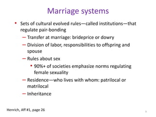 Marriage systemsSets of cultural evolved rules—called institutions—that regulate pair-bondingTransfer at marriage: brideprice or dowryDivision of labor, responsibilities to offspring and spouseRules about sex90%+ of societies emphasize norms regulating female sexualityResidence—who lives with whom: patrilocal or matrilocalInheritance9Henrich, Aff #1, page 26