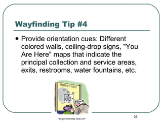 Wayfinding Tip #4 Provide orientation cues: Different colored walls, ceiling-drop signs, "You Are Here" maps that indicate the principal collection and service areas, exits, restrooms, water fountains, etc. 