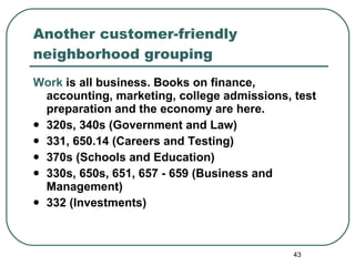 Another customer-friendly neighborhood grouping  Work  is all business. Books on finance, accounting, marketing, college admissions, test preparation and the economy are here. 320s, 340s (Government and Law) 331, 650.14 (Careers and Testing) 370s (Schools and Education) 330s, 650s, 651, 657 - 659 (Business and Management) 332 (Investments) 