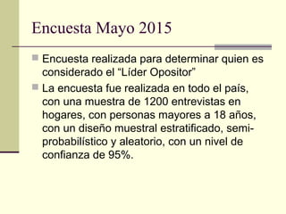 Encuesta Mayo 2015
 Encuesta realizada para determinar quien es
considerado el “Líder Opositor”
 La encuesta fue realizada en todo el país,
con una muestra de 1200 entrevistas en
hogares, con personas mayores a 18 años,
con un diseño muestral estratificado, semi-
probabilístico y aleatorio, con un nivel de
confianza de 95%.
 