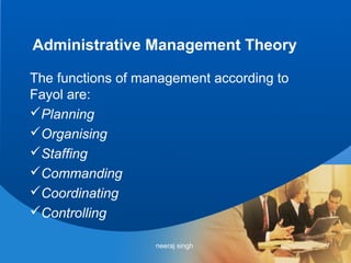 Administrative Management Theory

The functions of management according to
Fayol are:
Planning
Organising
Staffing
Commanding
Coordinating
Controlling

                   neeraj singh            7
 