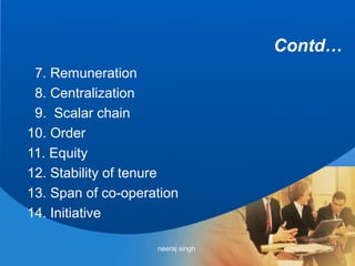Contd…
 7. Remuneration
 8. Centralization
 9. Scalar chain
10. Order
11. Equity
12. Stability of tenure
13. Span of co-operation
14. Initiative

                    neeraj singh       9
 