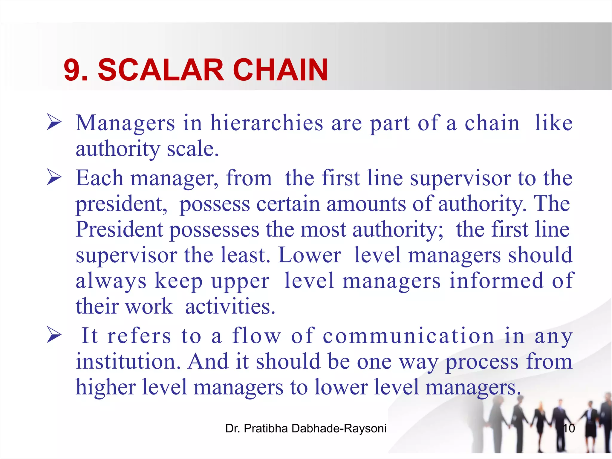 9. SCALAR CHAIN
Ø Managers in hierarchies are part of a chain like
authority scale.
Ø Each manager, from the first line supervisor to the
president, possess certain amounts of authority. The
President possesses the most authority; the first line
supervisor the least. Lower level managers should
always keep upper level managers informed of
their work activities.
Ø It refers to a flow of communication in any
institution. And it should be one way process from
higher level managers to lower level managers.
Dr. Pratibha Dabhade-Raysoni 10
 