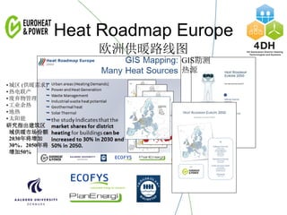Heat Roadmap Europe
欧洲供暖路线图
GIS勘测
热源
•城区 (供暖需求)
•热电联产
•废弃物管理
•工业余热
•地热
•太阳能
研究指出建筑区
域供暖市场份额
2030年将增加
30%，2050年将
增加50%
 