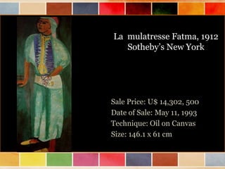 La mulatresse Fatma, 1912
Sotheby’s New York

Sale Price: U$ 14,302, 500
Date of Sale: May 11, 1993
Technique: Oil on Canvas
Size: 146.1 x 61 cm

 