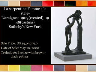 La serpentine Femme a’la
steleL’araignee, 1909(created), 19
48(casting)
Sotheby’s New York

Sale Price: U$ 14,030,750
Date of Sale: May 10, 2000
Technique: Bronze with brownblack patina

 