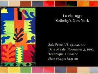 La vis, 1951
Sotheby’s New York

Sale Price: U$ 13,752,500
Date of Sale: November 3, 1993
Technique: Gouache
Size: 174.9 x 81.9 cm

 