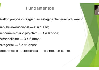 Fundamento
Wallon propõe os seguintes estági
Wallon propõe os seguintes estági
mpulsivo emocional 0 a 1 ano;
mpulsivo-emocional — 0 a 1 ano;
sensório-motor e projetivo — 1 a 3
personalismo — 3 a 6 anos;
categorial — 6 a 11 anos;
puberdade e adolescência 11 an
puberdade e adolescência — 11 an
os
os de desenvolvimento:
os de desenvolvimento:
3 anos;
nos em diante
nos em diante
 