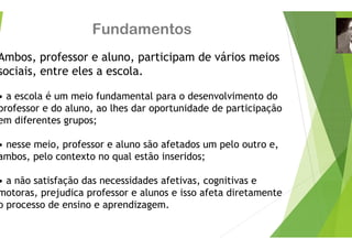 Fundamento
Ambos, professor e aluno, particip
i i t l l
sociais, entre eles a escola.
• a escola é um meio fundamental para
• a escola é um meio fundamental para
professor e do aluno, ao lhes dar oportu
em diferentes grupos;
g p ;
• nesse meio, professor e aluno são afet
b l l ã i
ambos, pelo contexto no qual estão inse
• a não satisfação das necessidades afet
• a não satisfação das necessidades afet
motoras, prejudica professor e alunos e
o processo de ensino e aprendizagem.
p p g
os
pam de vários meios
o desenvolvimento do
o desenvolvimento do
unidade de participação
tados um pelo outro e,
id
eridos;
tivas cognitivas e
tivas, cognitivas e
e isso afeta diretamente
 
