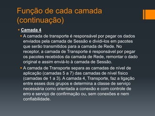 Função de cada camada
(continuação)
 Camada 4
 A camada de transporte é responsável por pegar os dados
enviados pela camada de Sessão e dividi-los em pacotes
que serão transmitidos para a camada de Rede. No
receptor, a camada de Transporte é responsável por pegar
os pacotes recebidos da camada de Rede, remontar o dado
original e assim enviá-lo à camada de Sessão.
 A camada de Transporte separa as camadas de nível de
aplicação (camadas 5 a 7) das camadas de nível físico
(camadas de 1 a 3). A camada 4, Transporte, faz a ligação
entre esses dois grupos e determina a classe de serviço
necessária como orientada a conexão e com controle de
erro e serviço de confirmação ou, sem conexões e nem
confiabilidade.
 