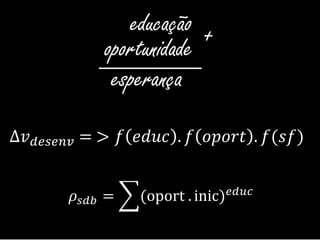 educação
oportunidade
esperança
+
_______
∆𝑣 𝑑𝑒𝑠𝑒𝑛𝑣 = > 𝑓 𝑒𝑑𝑢𝑐 . 𝑓 𝑜𝑝𝑜𝑟𝑡 . 𝑓(𝑠𝑓)
𝜌𝑠𝑑𝑏 = (oport . inic) 𝑒𝑑𝑢𝑐
 