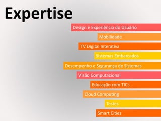 Design e Experiência do Usuário
Sistemas Embarcados
Mobilidade
Desempenho e Segurança de Sistemas
Testes
TV Digital Interativa
Expertise
Visão Computacional
Educação com TICs
Cloud Computing
Smart Cities
 