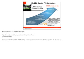 MySQL Cluster 7.1 Momentum
                                                                                                                    1,000 Downloads per Day


                                                                                                                          Windows GA

                                                                                                               NDBINFO
                                                                                                        Pro-active Cluster Monitoring

                                                                                         MySQL Cluster
                                                                                       Manager & Enterprise
                                                                                            Monitor                       “MySQL Cluster 7.1 gave us
                                                                                       Fully Automated Management          the perfect combination of
                                                                                                                          extreme levels of transaction
                                                             MySQL Cluster                                                 throughput, low latency &
                                                           Connector for Java -                                          carrier-grade availability, while
                                                             10x Higher Performance                                              reducing TCO”
                                                                                                                        Phani Naik, Pyro Group



                                                  Confidential, Oracle Internal Only




Announced Cluster 7.1 at MySQL UC April 2010 –


Higher Java perf, automated mgmt, proactive monitoring, GA on Windows
1k downloads per day


Great success with Cluster at FIFA 2010 World Cup – used to support international roaming of visiting supporters - 7m subs every day
 