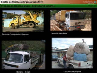 Gestão de Resíduos da Construção Civil
Processos Operacionais - Transporte Externo                                        Página 27




 Caminhão Poliguindaste – Caçamba        Caminhão Basculante




                  Utilitário - Metal                    Utilitário - recicláveis
 