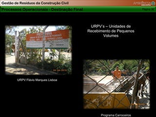 Gestão de Resíduos da Construção Civil
Processos Operacionais - Destinação Final                                Página 36




                                             URPV’s – Unidades de
                                            Recebimento de Pequenos
                                                   Volumes




        URPV Flávio Marques Lisboa




                                                  Programa Carroceiros
 