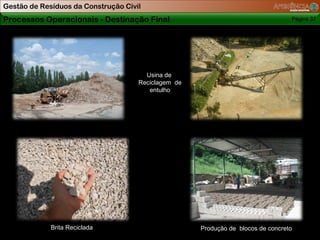 Gestão de Resíduos da Construção Civil
Processos Operacionais - Destinação Final                                         Página 37




                                       Usina de
                                     Reciclagem de
                                        entulho




             Brita Reciclada                         Produção de blocos de concreto
 