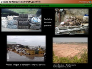 Gestão de Resíduos da Construção Civil
Processos Operacionais - Destinação Final                                                      Página 38




                                               Depósitos
                                               empresa
                                               parceiras




    Área de Triagem e Transbordo empresa parceira          Aterro Sanitário – Belo Horizonte
                                                           Fonte: epclabfisica.zip.net
 
