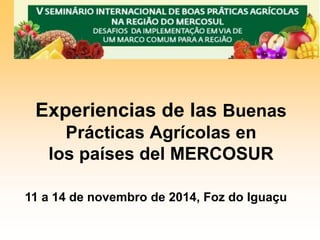 11 a 14 de novembro de 2014, Foz do Iguaçu 
Experiencias de las Buenas Prácticas Agrícolas en los países del MERCOSUR  