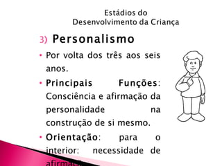 3 )   Personalismo Por volta dos três aos seis anos. Principais Funções : Consciência e afirmação da personalidade na construção de si mesmo. Orientação : para o interior:  necessidade de afirmação.  