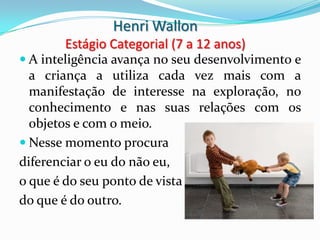 Henri Wallon
       Estágio Categorial (7 a 12 anos)
 A inteligência avança no seu desenvolvimento e
  a criança a utiliza cada vez mais com a
  manifestação de interesse na exploração, no
  conhecimento e nas suas relações com os
  objetos e com o meio.
 Nesse momento procura
diferenciar o eu do não eu,
o que é do seu ponto de vista
do que é do outro.
 