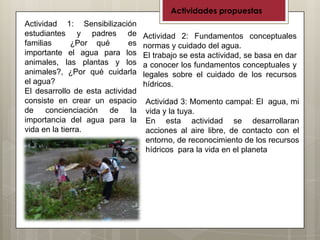 Actividades propuestas
Actividad 1: Sensibilización
estudiantes y padres de           Actividad 2: Fundamentos conceptuales
familias      ¿Por qué       es   normas y cuidado del agua.
importante el agua para los       El trabajo se esta actividad, se basa en dar
animales, las plantas y los       a conocer los fundamentos conceptuales y
animales?, ¿Por qué cuidarla      legales sobre el cuidado de los recursos
el agua?                          hídricos.
El desarrollo de esta actividad
consiste en crear un espacio      Actividad 3: Momento campal: El agua, mi
de concienciación de la           vida y la tuya.
importancia del agua para la      En esta actividad se desarrollaran
vida en la tierra.                acciones al aire libre, de contacto con el
                                  entorno, de reconocimiento de los recursos
                                  hídricos para la vida en el planeta
 