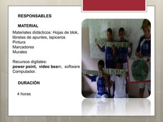RESPONSABLES

  MATERIAL
Materiales didácticos: Hojas de blok,
libretas de apuntes, lapiceros
Pintura
Marcadores
Murales

Recursos digitales:
power point, video beam, software
Computador.

   DURACIÓN

  4 horas
 
