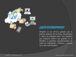 ¿QUÉ ES DROPBOX?
                          Dropbox es un servicio gratuito que te
                          permite disponer de tus fotos, documentos
                          y vídeos en cualquier parte. Esto significa
                          que cualquier archivo que guardes en tu
                          Dropbox se guardará automáticamente en
                          todos tus ordenadores, teléfonos e incluso
                          en el sitio web Dropbox




FUENTE: www.dropbox.com                        Henrry Leonidas Plaza Ramirez
 