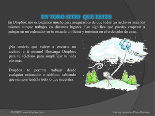 EN TODO SITIO QUE ESTES
En Dropbox nos esforzamos mucho para asegurarnos de que todos tus archivos sean los
mismos aunque trabajes en distintos lugares. Eso significa que puedes empezar a
trabajar en un ordenador en tu escuela u oficina y terminar en el ordenador de casa.


¡No tendrás que volver a enviarte un
archivo a ti mismo! Descarga Dropbox
para tu teléfono para simplificar tu vida
aún más.

Dropbox te permite trabajar desde
cualquier ordenador o teléfono, sabiendo
que siempre tendrás todo lo que necesites.




  FUENTE: www.dropbox.com                                       Henrry Leonidas Plaza Ramirez
 
