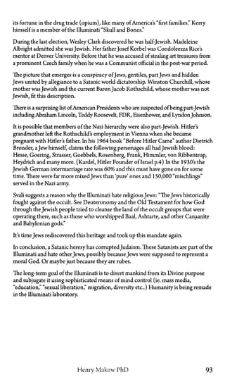 its fortune in the drug trade (opium), like many of America's "first families." Kerry
himself is a member of the Illuminati "Skull and Bones."
During the last election, Wesley Clark discovered he was half-Jewish. Madeleine
Albright admitted she wasJewish. Her father Josef Korbel was Condoleezza Rice's
mentor at Denver University. Before that he was accused of stealing art treasures from
a prominent Czech family when he was a Communist official in the post-war period.
The picture that emerges is a conspiracy ofJews, gentiles, partJews and hidden
Jews united by allegiance to a Satanic world dictatorship. Winston Churchill, whose
mother wasJewish and the current BaronJacob Rothschild, whose mother was not
Jewish, fit this description.
There is a surprising list ofAmerican Presidents who are suspected of being part-Jewish
includingAbraham Lincoln, Teddy Roosevelt, FDR, Eisenhower, and Lyndon Johnson.
It is possible that members of the Nazi hierarchy were also part-Jewish. Hitler's
grandmother left the Rothschild's employment in Vienna when she became
pregnant with Hitler's father. In his 1964 book "Before Hitler Came" author Dietrich
Bronder, aJew himself, claims the following personages all had Jewish blood:
Hesse, Goering, Strasser, Goebbels, Rosenberg, Frank, Himmler, von Ribbentrop,
Heydrich and many more. (Kardel, Hitler Founder of Israel p.4) In the 1930's the
Jewish German intermarriage rate was 60% and this must have gone on for some
time. There were far more mixedJews than 'pure' ones and 150,000 "mischlings"
served in the Nazi army.
Svali suggests a reason why the Illuminati hate religiousJews: "TheJews historically
fought against the occult. See Deuteronomy and the Old Testament for how God
through the Jewish people tried to cleanse the land of the occult groups that were
operating there, such as those who worshipped Baal, Ashtarte, and other Canaanite
and Babylonian gods."
It's time Jews rediscovered this heritage and took up this mandate again.
In conclusion, a Satanic heresy has corrupted Judaism. These Satanists are part of the
Illuminati and hate other Jews, possibly because Jews were supposed to represent a
moral God. Or maybe just because they are rubes.
The long-term goal of the Illuminati is to divert mankind from its Divine purpose
and subjugate it using sophisticated means of mind control (i.e. mass media,
"education," "sexual liberation," migration, diversity etc..) Humanity is being remade
in the Illuminati laboratory.
Henry Makow PhD 93
 