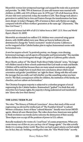 Meanwhile women have postponed marriage and usurped the male role as protector
and provider. "In 1960,70% of American 25-year-old women were married with
children; in 2000, only 25% of them were. In 1970, just 7.4% of all American 30-to-
34-year-olds were unmarried; today, the number is 22%. That change took about a
generation to unfold, but in Asia and Eastern Europe the transformation has been
more abrupt. In today's Hungary, 30% of women in their early thirties are single,
compared with 6% of their mothers' generation at the same age." (Hymowitz, "The
New Girl Power" )
Unmarried women had 40% of all U.S. babies born in 2007. (U.S. News and World
Report, March 19, 2009)
Meanwhile an estimated one million U.S. children were conceived using sperm
donors, with 30,000 added every year. Many are born to lesbians who are
determined to change the "hetero-normative" model of society. California is
on the vanguard of the Cabalist banker plan to replace heterosexual norms with
homosexual ones.
A new law requires schools "to positively portray sex changes, cross-dressing,
homosexual marriages, and all aspects of bisexuality and homosexuality." This mandate
affects children from kindergarten through 12th grade in California public schools.
Bruce Shortt, author of "The Harsh Truth About Public Schools" notes, "No longer
will children raised in these schools understand that God made us male and female.
Children will be told that because there are many sexual orientations and gender
identities, they simply have to reach their own conclusions about which sexual
orientation and gender 'possibilities' are 'right for them.' Along with this will come
the message that you really can't tell whether you like something unless you have
tried it. The likely consequences of this for children, the institution of the family, our
churches, and our culture are horrendous."
The Christian European majority is subjected to a relentless program of social
engineering by the Cabalist bankers. Brainwashed ("guilted") to think that only
minorities have human rights, the majority is being undermined and transformed
into "slaves who love their slavery."
THE LONG T E R M PLAN
The video "The History of Political Correctness" shows that much of this social
engineering was devised by intellectuals of "The Frankfurt School" to subvert
Western civilization. Some of these "cultural Marxists" literally were Soviet N K V D
agents. Almost all were MarxistJews. The video shows how Americans were gulled
to think revolution was trendy and to welcome the destruction of their society.
These dupes now occupy all the positions of power in U.S. culture.
Basically mankind is the victim of a "cruel hoax" of cosmic proportions. When you
create money out of thin air, you can buy a lot of "change agents." Our elite actually
thinks it is creating a better world. Thus they can haul in giant salaries and feel saintly
too. In fact, they are building a world police state, the "New World Order" secretly
Henry Makow P h D 101
 