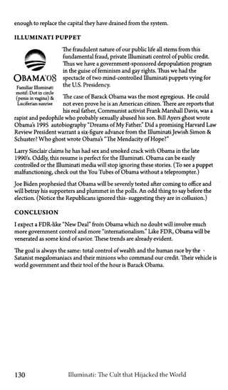 enough to replace the capital they have drained from the system.
ILLUMINATI PUPPET
The fraudulent nature of our public life all stems from this
fundamental fraud, private Illuminati control of public credit.
Thus we have a government-sponsored depopulation program
in the guise of feminism and gay rights. Thus we had the
O B A M A ' 0 8 spectacle of two mind-controlled Illuminati puppets vying for
Familiar Illuminati the U.S. Presidency.
motif: Dot in circle
(penis in vagina) & The case of Barack Obama was the most egregious. He could
Luciferian sunrise. not even prove he is an American citizen. There are reports that
his real father, Communist activist Frank Marshall Davis, was a
rapist and pedophile who probably sexually abused his son. Bill Ayers ghost wrote
Obama's 1995 autobiography "Dreams of My Father." Did a promising Harvard Law
Review President warrant a six-figure advance from the IlluminatiJewish Simon &
Schuster? Who ghost wrote Obama's "The Mendacity of Hope?"
Larry Sinclair claims he has had sex and smoked crack with Obama in the late
1990's. Oddly, this resume is perfect for the Illuminati. Obama can be easily
controlled or the Illuminati media will stop ignoring these stories. (To see a puppet
malfunctioning, check out the You Tubes of Obama without a teleprompter.)
Joe Biden prophesied that Obama will be severely tested after coming to office and
will betray his supporters and plummet in the polls. An odd thing to say before the
election. (Notice the Republicans ignored this—suggesting they are in collusion.)
CONCLUSION
I expect a FDR-like "New Deal" from Obama which no doubt will involve much
more government control and more "internationalism." Like FDR, Obama will be
venerated as some kind of savior. These trends are already evident.
The goal is always the same: total control of wealth and the human race by the—
Satanist megalomaniacs and their minions who command our credit. Their vehicle is
world government and their tool of the hour is Barack Obama.
130 Illuminati: The Cult that Hijacked the World
 