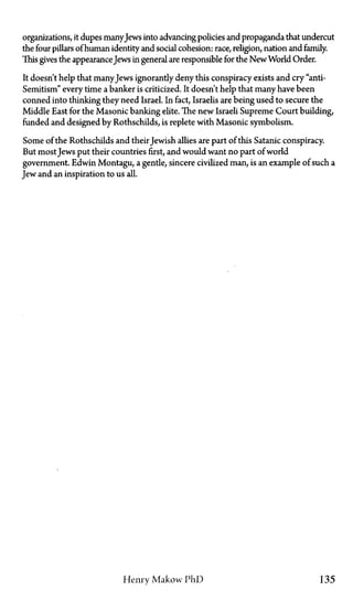 organizations, it dupes manyJews into advancingpolicies and propaganda that undercut
the four pillars of human identity and social cohesion: race, religion, nation and family.
This gives the appearanceJews in general are responsible for the NewWorld Order.
It doesn't help that manyJews ignorantly deny this conspiracy exists and cry "anti-
Semitism" every time a banker is criticized. It doesn't help that many have been
conned into thinking they need Israel. In fact, Israelis are being used to secure the
Middle East for the Masonic banking elite. The new Israeli Supreme Court building,
funded and designed by Rothschilds, is replete with Masonic symbolism.
Some of the Rothschilds and theirJewish allies are part of this Satanic conspiracy.
But most Jews put their countries first, and would want no part of world
government. Edwin Montagu, a gentle, sincere civilized man, is an example of such a
Jew and an inspiration to us all.
Henry Makow P h D 135
 
