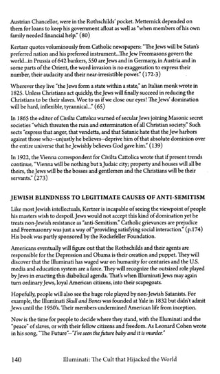 Austrian Chancellor, were in the Rothschilds' pocket. Metternick depended on
them for loans to keep his government afloat as well as "when members of his own
family needed financial help." (80)
Kertzer quotes voluminously from Catholic newspapers: "TheJews will be Satan's
preferred nation and his preferred instrument...TheJew Freemasons govern the
world...in Prussia of 642 bankers, 550 areJews and in Germany, in Austria and in
some parts of the Orient, the word invasion is no exaggeration to express their
number, their audacity and their near-irresistible power." (172-3)
Wherever they live "the Jews form a state within a state," an Italian monk wrote in
1825. Unless Christians act quickly, the Jews will finally succeed in reducing the
Christians to be their slaves. Woe to us if we close our eyes! TheJews' domination
will be hard, inflexible, tyrannical..." (65)
In 1865 the editor of Civilta Cattolica warned of secularJews joining Masonic secret
societies "which threaten the ruin and extermination of all Christian society." Such
sects "express that anger, that vendetta, and that Satanic hate that the Jew harbors
against those who—unjustly he believes—deprive him of that absolute dominion over
the entire universe that he Jewishly believes God gave him." (139)
In 1922, the Vienna correspondent for Civilta Cattolica wrote that if present trends
continue, "Vienna will be nothing but aJudaic city; property and houses will all be
theirs, the Jews will be the bosses and gentlemen and the Christians will be their
servants." (273)
JEWISH BLINDNESS TO LEGITIMATE CAUSES OF ANTI-SEMITISM
Like most Jewish intellectuals, Kertzer is incapable of seeing the viewpoint of people
his masters wish to despoil.Jews would not accept this kind of domination yet he
treats non-Jewish resistance as "anti-Semitism." Catholic grievances are prejudice
and Freemasonry was just a way of "providing satisfying social interaction." (p. 174)
His book was partly sponsored by the Rockefeller Foundation.
Americans eventually will figure out that the Rothschilds and their agents are
responsible for the Depression and Obama is their creation and puppet. They will
discover that the Illuminati has waged war on humanity for centuries and the U.S.
media and education system are a farce. They will recognize the outsized role played
by Jews in enacting this diabolical agenda. That's when IlluminatiJews may again
turn ordinaryJews, loyal American citizens, into their scapegoats.
Hopefully, people will also see the huge role played by non-Jewish Satanists. For
example, the Illuminati Skull and Bones was founded at Yale in 1832 but didn't admit
Jews until the 1950's. Their members undermined American life from inception.
Now is the time for people to decide where they stand, with the Illuminati and the
"peace" of slaves, or with their fellow citizens and freedom. As Leonard Cohen wrote
in his song, "The Future"—"I've seen thefuture baby and it is murder."
140 Illuminati: The Cult that Hijacked the World
 