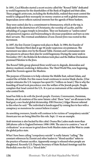 In 1891, Cecil Rhodes started a secret society called the "Round Table" dedicated
to world hegemony for the shareholders of the Bank of England and their allies.
These priggish aristocrats, including the Rothschilds, realized they must control the
world to safeguard their monopoly on money creation as well as global resources.
Imperialism never reflects national interests but the agenda of these bankers.
They were united also by a commitment to freemasonry, which at the top, is
dedicated to the destruction of Christianity, the worship of Lucifer, and the
rebuilding of a pagan temple in Jerusalem. They see humanity as "useless eaters"
and pioneered eugenics and brainwashing to decrease population and turn us into
their servants. The eventual annihilation of non-Zionist Jews was rooted in this
movement.
In 1897, the first Zionist Congress took place in Basle. In 1904, the founder of
Zionism Theodore Herzl died at age 44 under suspicious circumstances. The
movement was taken over by the Round Table. Zionism and Communism were
two pincers to advance their plan for world hegemony. During the same week in
November 1917, the Bolshevik Revolution took place and the Balfour Declaration
promised Palestine to the Jews.
The Round Table group planned three world wars to degrade, demoralize and
destroy mankind, rendering it defenceless. The Third World War, now beginning,
pitted the Zionists against the Muslims.
The purpose of Zionism is to help colonize the Middle East, subvert Islam, and
control the oil fields. For this reason Israel continues to receive blank checks. (One
analyst estimates the U.S. taxpayer has spent $1.7 trillion on Israel.) This is why the
founding of Israel took precedence over the welfare of the Jewish people. People
complain that Israel control the U.S.. It is just an instrument of the central bankers
who control both.
Israel has little to do with the Jewish people. Zionism, Communism, Feminism,
Nazism, are all creations of the same Satanic cabal. These "isms" are all means to the
final goal, a neo feudal global dictatorship. FBI DirectorJ. Edgar Hoover referred
to this when he said: "The individual is handicapped by coming face to face with a
conspiracy so monstrous he cannot believe it exists".
As unwitting overseers, Israelis will continue to be victims of "compulsory suicide."
Americans too are being fitted for this role. Sept. 11 was an example.
Arab terrorism is also backed by this cabal. Osama Bin Laden made more than
260 phone calls to England between 1996-1998. The aim is to contrive a "war of
civilizations" as an excuse to grind down both Muslim states and the West to create
the global police state.
What I have been calling "compulsory suicide" is really Satanic "culling." The
constant references by Zionist and other leaders to "blood sacrifice" refers to
the practice of human sacrifice. Apparently energy is released when people are
slaughtered. Recently U.S. Deputy Secretary of State Richard Armitage said the
Hezbollah owes the U.S. a "blood debt."
156 Illuminati: 'The Cult that Hijacked the World
 
