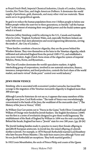 as Royal Dutch Shell, Imperial Chemical Industries, Lloyds of London, Unilever,
Lonrho, Rio Tinto Zinc, and Anglo American DeBeers. It dominates the world
supply of petroleum, gold, diamonds, and many other vital raw materials. These
assets serve its geopolitical agenda.
Its goal is to reduce the human population from over 5 billion people to below one
billion people within the next two to three generations, to literally "cull the human
herd" in the interest of retaining their own global power and the feudal system upon
which it is based.
HistorianJeffrey Steinberg could be referring to the U.S., Canada and Australia
when he writes, "England, Scotland, Wales, and, especially Northern Ireland, are
today little more than slave plantations and social engineering laboratories, serving
the needs of ...the City of London..."
"These families constitute a financier oligarchy; they are the power behind the
Windsor throne. They view themselves as the heirs to the Venetian oligarchy, which
infiltrated and subverted England from the period 1509-1715, and established a
new, more virulent, Anglo-Dutch-Swiss strain of the oligarchic system of imperial
Babylon, Persia, Rome, and Byzantium....
"The City of London dominates the worlds speculative markets. A tightly
interlocking group of corporations, involved in raw materials extraction, finance,
insurance, transportation, and food production, controls the lion's share of the world
market, and exerts virtual "choke point" control over world industry."
JEWS FROM VENICE
Steinberg, who is associated with economist Lyndon Larouche, has traced this
scourge to the migration of the Venetian mercantile oligarchy to England more than
300 years ago.
Although Larouche historians do not say so, it appears that many members of this
oligarchy were Jews. Cecil Roth writes: "The trade of Venice was overwhelmingly
concentrated in the hands of the Jews, the wealthiest of the mercantile class." ("The
History of the Jews in Venice," 1930)
As William Guy Carr points out in "Pawns in the Game," both Oliver Cromwell and
William of Orange were funded byJewish bankers. The English Revolution (1649)
was the first in a series of revolutions designed to give them world hegemony. The
establishment of the Bank of England by William in 1694 was the next crucial step.
Behind the facade, England has been a "Jewish" state for over 300 years, (pp. 20-24)
TheJewish banking families made it a practice to marry their female offspring to
spendthrift European aristocrats. InJewish law, the mixed offspring of aJewish
mother is Jewish. For example, in 1878 Hannah Rothschild married Lord Rosebery
who later became Prime Minister. (The male heirs marryJews although Victor and
his sonJacob Rothschild are exceptions. They both married gentiles.)
In 1922 Louis Mountbatten, the uncle of Prince Philip and cousin of the Queen
Henry Makow PhD 35
 