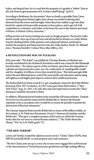 bribes, and despoil him, for it is said that the property of a gentile is 'hefker.' [free to
all] and whoever gets possession of it, to him it shall belong." (p.912)
According to Brafmann, the documents "show as clearly as possible [how] Jews,
notwithstanding their limited rights, have always succeeded in driving alien
elements from the towns and boroughs where they have settled, to get into their
hands the capital and immovable property in those places, and to get rid of all
competition in commerce and trades, as has been the case in the western provinces
of Russia, in Poland, Galicia, Romania..."
Selling alcohol and money lending were ways to finagle property. TheJewish vodka
dealers would show up at harvest time and sell alcohol to farmers on credit. Before
long the drinking habits of the peasants and compound interest combined to
transfer the property and future harvests into the vodka dealers' hands. (E. Michael
Jones, "Russian Roulette" Culture Wars, May 2006, p. 24.)
A REVOLUTIONARY WAY OF STEALING
Fifty years after "The Kahal" was published, Christian Russian civilization was
brutally annihilated by the Bolshevik Revolution which was a front for the Illuminati
Jewish bankers. The salient aspects of this revolution, apart from the imposition of
a ghastly and depraved police state, was the confiscation of untold gentile wealth
and the slaughter of millions of non-Jews mostly byJews. This holocaust gets little
notice because IlluminatiJews control the mass media and education system using
self-righteous and highly-paid dupes to enforce their intellectual tyranny.
The Rothschild front Kuhn Loeb & Co. got a handsome return for their $20 Million
financing of the 1917 revolution. In 1921 Lenin gave them $102 million. ("New
York Times" Aug. 23, 1921.) As well, they may have kept bank accounts the (Tsar)
Romanovs foolishly entrusted to them.
In addition, IlluminatiJewish bankers took ownership of Russian industry. German
Secret Service documents instructed the Bolsheviks to "destroy the Russian
capitalists as far as you please, but it would by no means be possible to permit the
destruction of Russian enterprises."
The German Imperial Bank sent the Bolsheviks in excess of 60 million roubles. In
this context, A. N. Field cites Documents 10 and 11 between the bankers and the
Bolsheviks: "They give a complete synopsis of the terms on which the German
banks after the war were to control Russian industry." ("The Truth About the
Slump," 1931, by A.N. Field, pp.62-72)
"THE RED TERROR"
Lenin and Trotsky created the infamous secret service "Cheka" (later OGPU, then
N K V D and finally KGB) to steal property and crush resistance.
"The first Cheka units set up in every city or town were engaged first and foremost
in the extermination of Tsarist bureaucrats, gendarmes and high ranking officers,
Henry Makow PhD 53
 