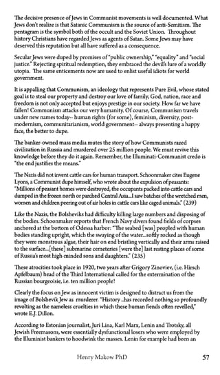 The decisive presence ofJews in Communist movements is well documented. What
Jews don't realize is that Satanic Communism is the source of anti-Semitism. The
pentagram is the symbol both of the occult and the Soviet Union. Throughout
history Christians have regarded Jews as agents of Satan. SomeJews may have
deserved this reputation but all have suffered as a consequence.
SecularJews were duped by promises of "public ownership," "equality" and "social
justice." Rejecting spiritual redemption, they embraced the devil's lure of a worldly
Utopia. The same enticements now are used to enlist useful idiots for world
government.
It is appalling that Communism, an ideology that represents Pure Evil, whose stated
goal is to steal our property and destroy our love of family, God, nation, race and
freedom is not only accepted but enjoys prestige in our society. How far we have
fallen! Communism attacks our very humanity. Of course, Communism travels
under new names today- human rights (for some), feminism, diversity, post­
modernism, communitarianism, world government— always presenting a happy
face, the better to dupe.
The banker-owned mass media mutes the story of how Communists razed
civilization in Russia and murdered over 25 million people. We must revive this
knowledge before they do it again. Remember, the Illuminati-Communist credo is
"the end justifies the means."
The Nazis did not invent cattle cars for human transport. Schoonmaker cites Eugene
Lyons, a Communist dupe himself, who wrote about the expulsion ofpeasants:
"Millions of peasant homes were destroyed, the occupants packed into cattle cars and
dumped in the frozen north or parched Central Asia...I saw batches of the wretched men,
women and children peering out of air holes in cattle cars like caged animals." (239)
Like the Nazis, the Bolsheviks had difficulty killing large numbers and disposing of
the bodies. Schoonmaker reports that French Navy divers found fields of corpses
anchored at the bottom of Odessa harbor: "The seabed [was] peopled with human
bodies standing upright, which the swaying of the water...softly rocked as though
they were monstrous algae, their hair on end bristling vertically and their arms raised
to the surface... [these] submarine cemeteries [were the] last resting places of some
of Russia's most high-minded sons and daughters." (235)
These atrocities took place in 1920, two years after Grigory Zinoviev, (i.e. Hirsch
Apfelbaum) head of the Third International called for the extermination of the
Russian bourgeoisie, i.e. ten million people!
Clearly the focus onJew as innocent victim is designed to distract us from the
image of BolshevikJew as murderer. "History ..has recorded nothing so profoundly
revolting as the nameless cruelties in which these human fiends often revelled,"
wrote E.J. Dillon.
According to Estonian journalist, Juri Lina, Karl Marx, Lenin and Trotsky, all
Jewish Freemasons, were essentially dysfunctional losers who were employed by
the Illuminist bankers to hoodwink the masses. Lenin for example had been an
Henry Makow PhD 57
 