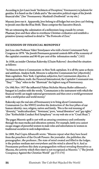 According toJyri Lina's book"Architectsof Deception," Freemasonry isJudaism for
gentiles. It is based on the Cabala and is "the executive political organ of the Jewish
financial elite." (See "Freemasonry: Mankind's Deathwish" on my site.)
MasonicJews run it. Apparently,Jews belong to all lodges but non-Jews can't belong
to Jewish ones like the B'nai Brith. These comprise the Executive Branch.
We are witnessing the culmination of a millennium-long crusade by certain
PharisaicJews and their allies to overthrow Christian civilization and establish a
primitive tyranny outlined in detail in "The Protocols of Zion."
EXTENSION OF FINANCIAL MONOPOLY
Juri Lina cites Professor Valeri Yemelyanov who told a Soviet Communist Party
Congress in 1979: "the Jewish Freemason pyramid controls 80% of the economy of
the capitalist countries and 90-95 per cent of the information media." (163)
In 1938, an insider Christian Rakovsky (Chaim Rakover) described the situation
as follows:
"In Moscow there is Communism: in New York capitalism. It is all the same as thesis
and antithesis. Analyze both. Moscow is subjective Communism but [objectively]
State capitalism. New York: Capitalism subjective, but Communism objective. A
personal synthesis, truth: the Financial International, the Capitalist Communist one.
'They.'" "They" refers to the "Illuminati" the highest rung of Freemasonry.
On 19th Nov. 1937 the influential Fabian Nicholas Murray Butler addressed a
banquet in London with the words, "Communism is the instrument with which the
financial world can topple national governments and then erect a world government
with a world police and world money."
Rakovsky says the real aim of Freemasonry is to bring about Communism.
Communism (i.e. the N W O ) involves the destruction of the four pillars of our
human identity: race, religion, nation and family. This is the real meaning of
"diversity," "multiculturalism," "feminism," porn, "sexual liberation" and "gay rights."
(See "Rothschilds Conduct Red Symphony" on my web site or in "Cruel Hoax.")
The pagan Masonic spell is cast with an amazing consistency and conformity
through the mass media and education systems. For example, lately you cannot
escape images of powerful women in male roles and exhortations to women in
traditional societies to seek independence.
In 1909, Paul Copin Albancelli wrote: "Masons repeat what they have heard
from the preachers of the Occult Powers: the journalist ..thepublisher...the
pornographer... the professor...The state of mind created and filled in the lodges...
is the profane medium met everywhere and the mind is altered by it. And as
Freemasons perform this duty as propagandists without revealing themselves as
Masons, the activity which they exert is not recognized as Masonic." ("The Jewish
Conspiracy Against the Christian World" pp. 173-174)
86 Illuminati: The Cult that Hijacked the World
 