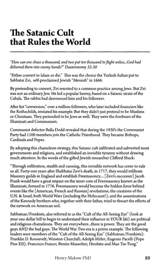 The Satanic Cult
that Rules the World
"How can one chase a thousand, and two put ten thousand toflightunless...God had
delivered them into enemy hands?" Deuteronomy 32:30
"Either convert to Islam or die." This was the choice the Turkish Sultan put to
Sabbatai Zvi, self-proclaimed Jewish "Messiah" in 1666.
By pretending to convert, Zvi resorted to a common practice amongJews. But Zvi
was not an ordinaryJew. He led a popular heresy based on a Satanic strain of the
Cabala. The rabbis had denounced him and his followers.
After his "conversion," over a million followers, who later included financiers like
the Rothschilds, imitated his example. But they didn't just pretend to be Muslims
or Christians. They pretended to be Jews as well. They were the forebears of the
Illuminati and Communism.
Communist defector Bella Dodd revealed that during the 1930's the Communist
Party had 1100 members join the Catholic Priesthood. They became Bishops,
Cardinals and Popes.
By adopting this chameleon strategy, this Satanic cult infiltrated and subverted most
governments and religions, and established an invisible tyranny without drawing
much attention. In the words of the gifted Jewish researcher Clifford Shack:
"Through infiltration, stealth and cunning, this invisible network has come to rule
us all. Forty-one years after Shabbatai Zevi's death, in 1717, they would infiltrate
Masonry guilds in England and establish Freemasonry... [Zevi's successor] Jacob
Frank would have a great impact on the inner core of Freemasonry known as the
Illuminati, formed in 1776. Freemasonry would become the hidden force behind
events like the [American, French and Russian] revolutions, the creations of the
U.N. & Israel, both World Wars (including the Holocaust!), and the assassinations
of the Kennedy brothers who, together with their father, tried to thwart the efforts of
the network on American soil.
Sabbatean/Frankists, also referred to as the "Cult of the All-Seeing Eye" (look at
your one dollar bill to begin to understand their influence in Y O U R life) are political
and religious chameleons. They are everywhere...there is power. They are the good
guys A N D the bad guys. The World War Two era is a prime example. The following
leaders were members of the "Cult of the All-Seeing Eye" (Sabbatean/Frankists):
Franklin D. Roosevelt; Winston Churchill; Adolph Hitler; Eugenio Pacelli (Pope
Pius XII); Francisco Franco; Benito Mussolini; Hirohito and Mao Tse-Tung."
Henry Makow PhD 89
 