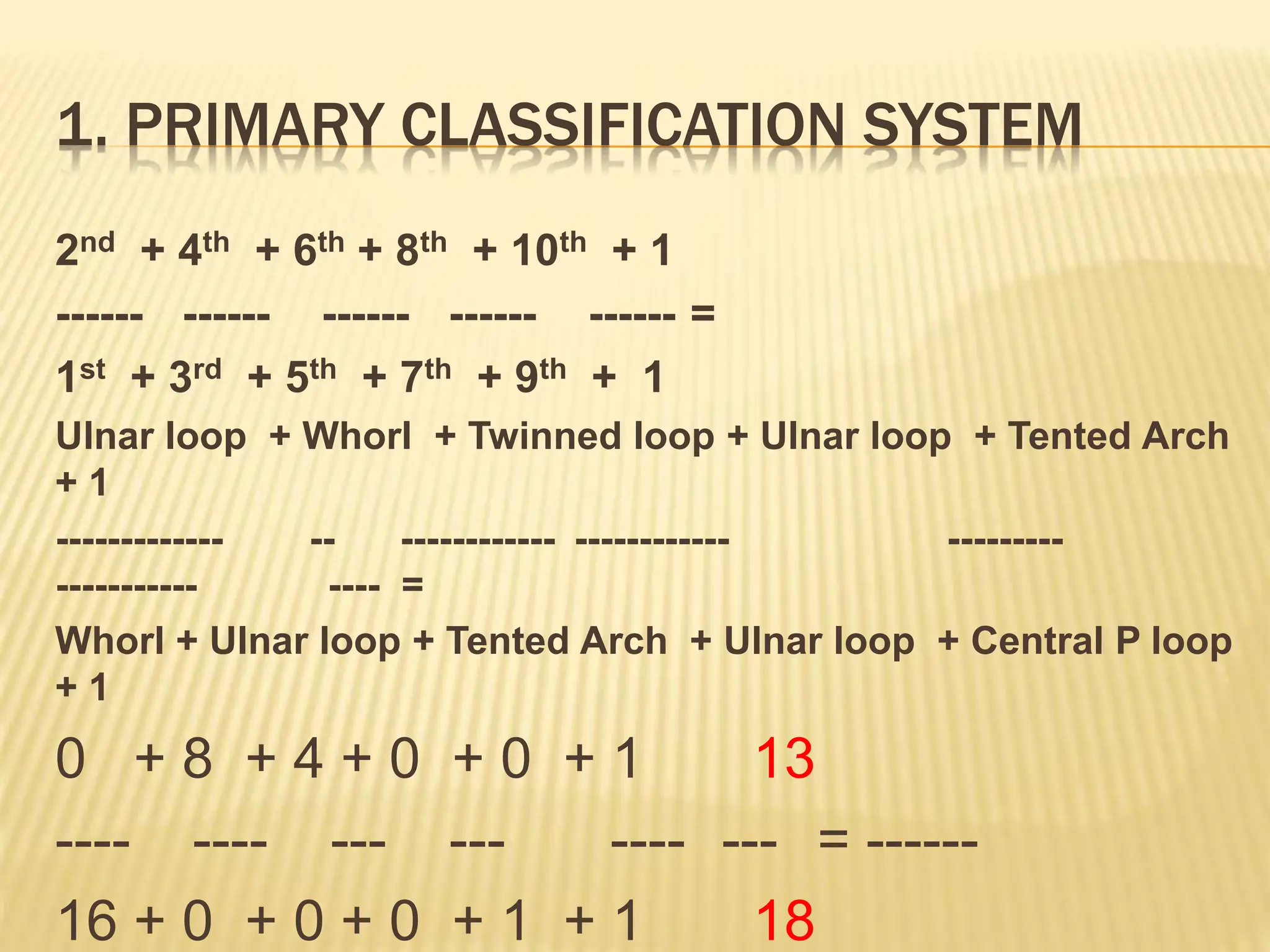 1. PRIMARY CLASSIFICATION SYSTEM
2nd + 4th + 6th + 8th + 10th + 1
------ ------ ------ ------ ------ =
1st + 3rd + 5th + 7th + 9th + 1
Ulnar loop + Whorl + Twinned loop + Ulnar loop + Tented Arch
+ 1
------------- -- ------------ ------------ ---------
----------- ---- =
Whorl + Ulnar loop + Tented Arch + Ulnar loop + Central P loop
+ 1
0 + 8 + 4 + 0 + 0 + 1 13
---- ---- --- --- ---- --- = ------
16 + 0 + 0 + 0 + 1 + 1 18
 