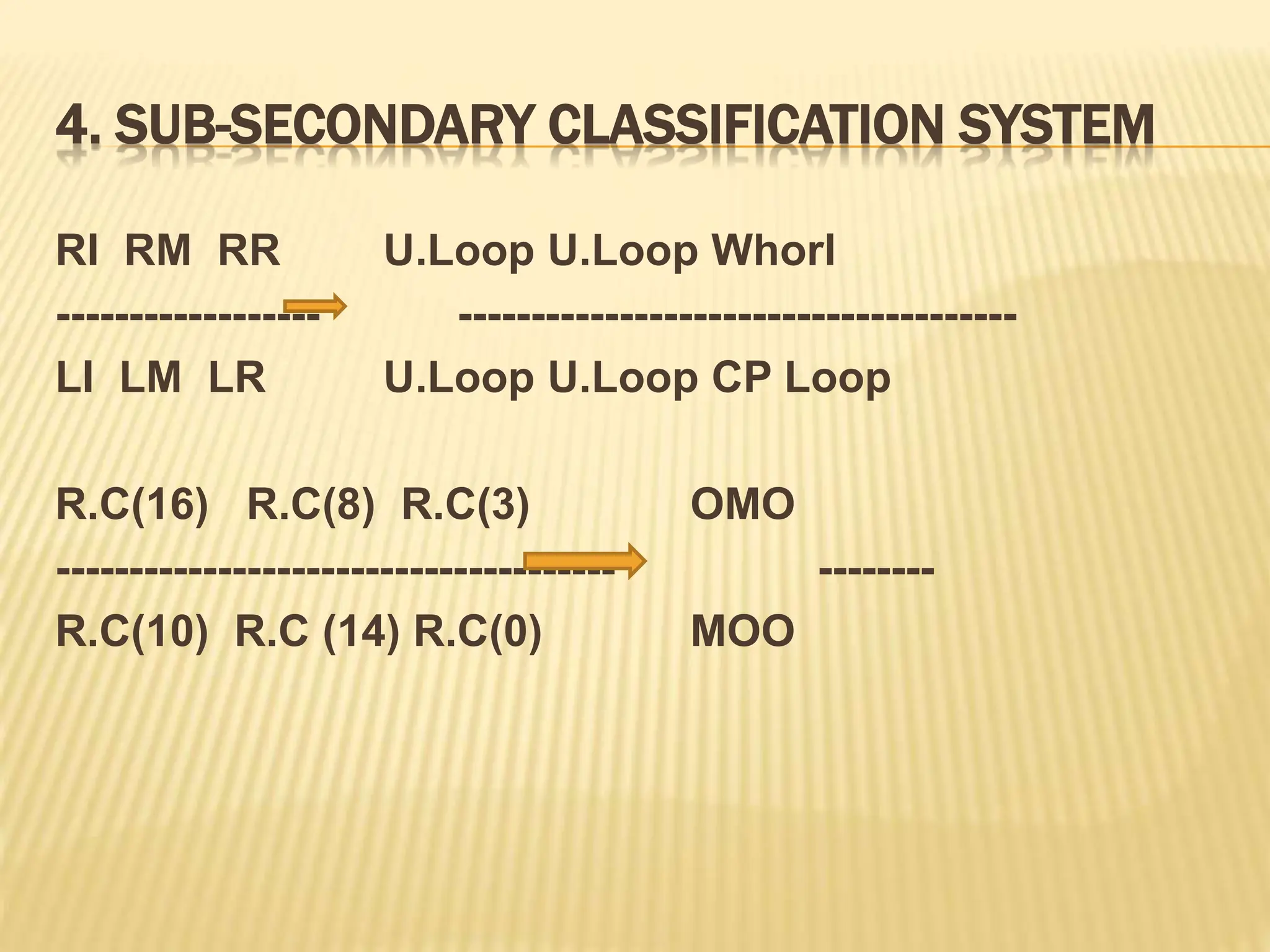 4. SUB-SECONDARY CLASSIFICATION SYSTEM
RI RM RR U.Loop U.Loop Whorl
------------------ --------------------------------------
LI LM LR U.Loop U.Loop CP Loop
R.C(16) R.C(8) R.C(3) OMO
-------------------------------------- --------
R.C(10) R.C (14) R.C(0) MOO
 